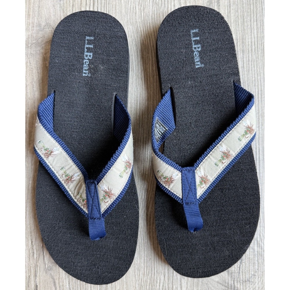 L.L.Bean Classic Maine Isle Fly Fishing Pattern Cushion Flip Flops Size 10 NWOT